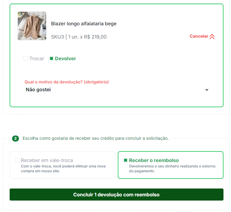 Tela da Troque & Devolva de devolução com reembolso