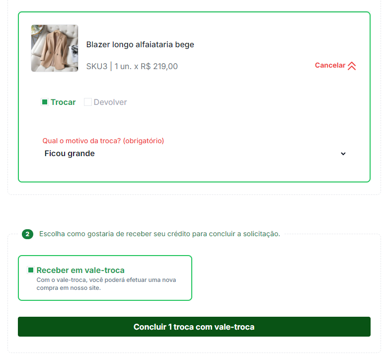 Tela da Troque & Devolva solicitando troca