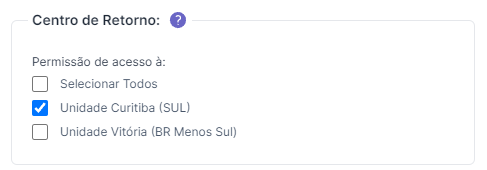 Tela de permissões de centros de retorno de usuário no painel Troque & Devolva