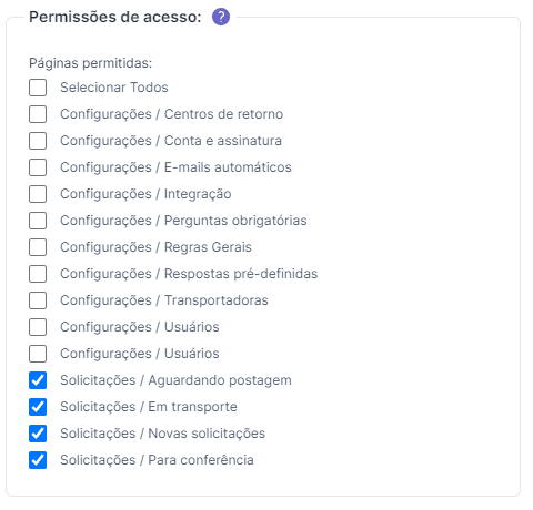 Tela de permissões de acesso de usuário no painel Troque & Devolva